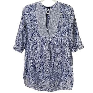 J. Crew | Floral Paisley Popover Tunic Top Semi-Sheer Summer Blue White XXS